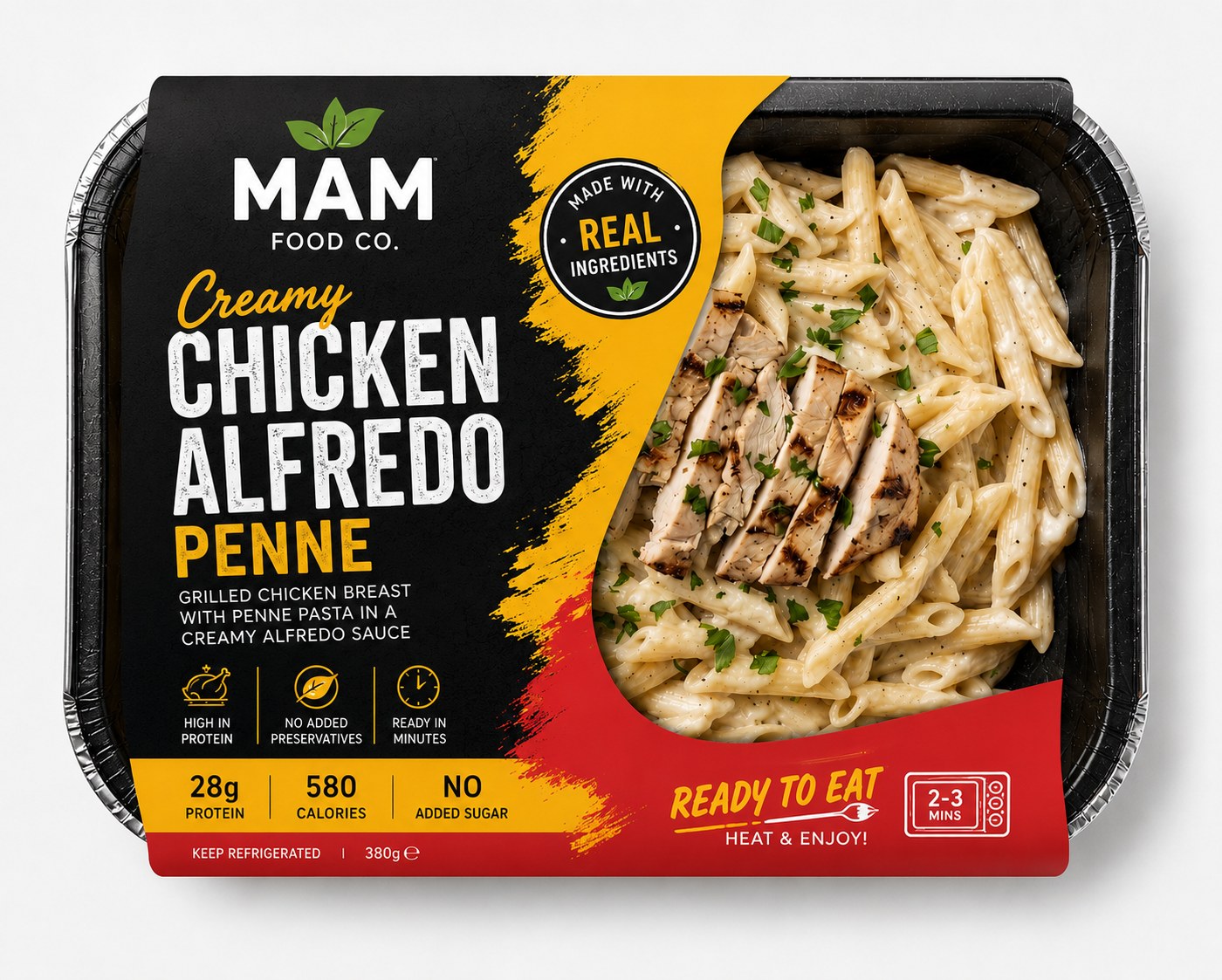 MAM Food Co branded ready meal tray — Creamy Chicken Alfredo Penne